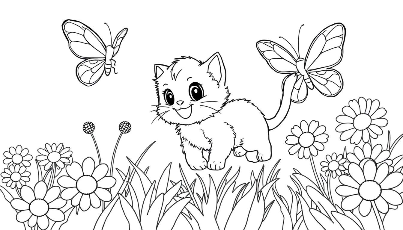 Placa de color con un dibujo lineal de un gatito alegre persiguiendo una mariposa en un campo de flores.