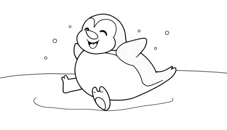 Placa de color de un pingüino sonriente deslizándose sobre hielo rodeado de copos de nieve.