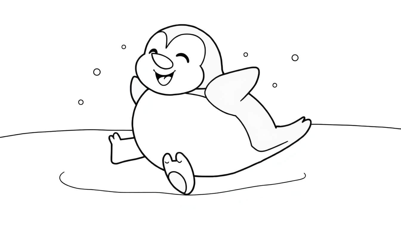 Placa de color de un pingüino sonriente deslizándose sobre hielo rodeado de copos de nieve.