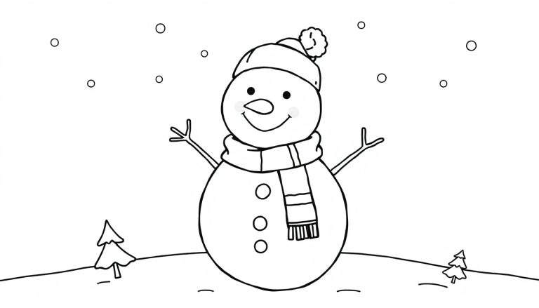Placa de color: un muñeco de nieve sonriente con sombrero y bufanda a rayas en un paisaje nevado.