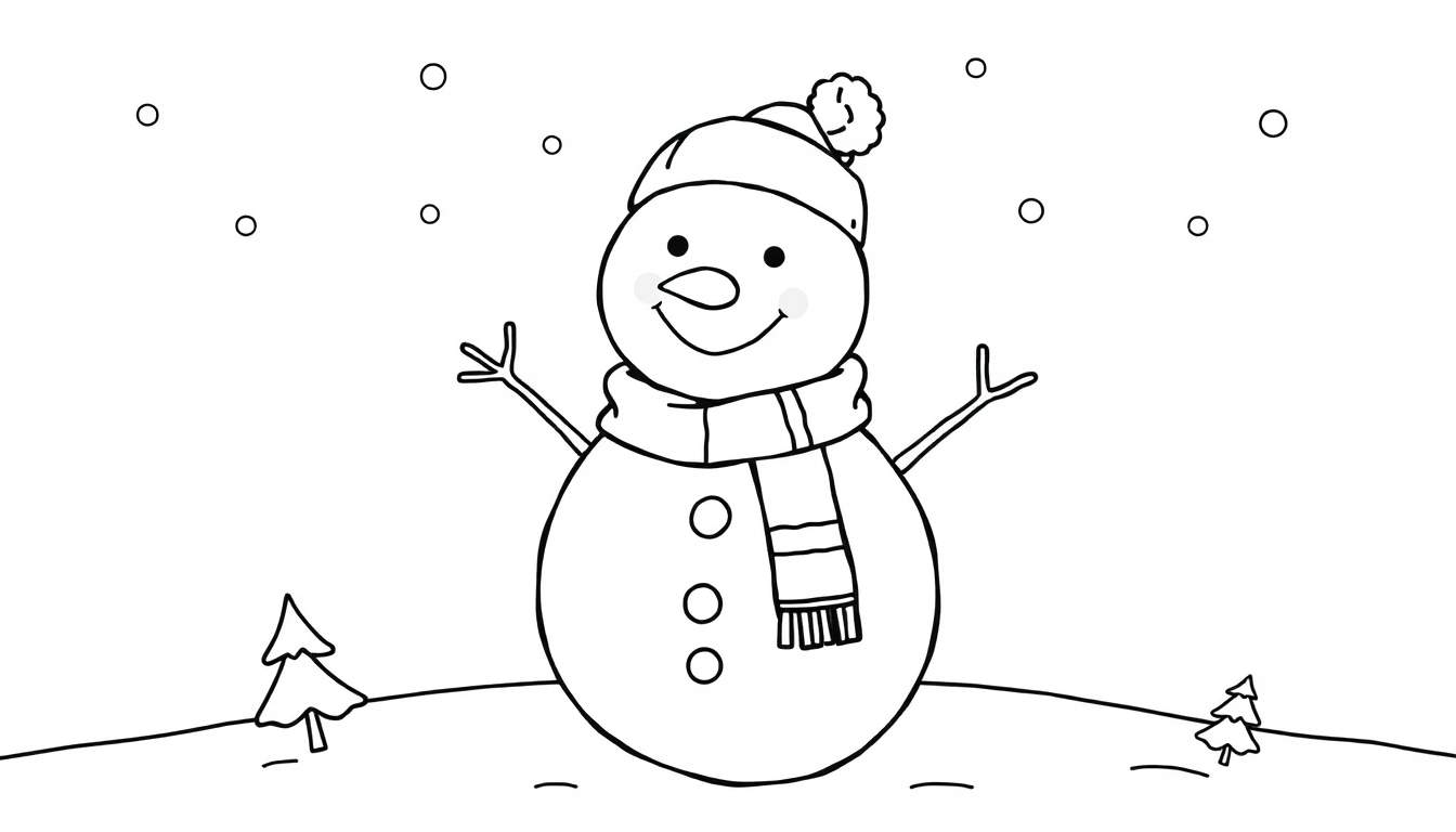Placa de color: un muñeco de nieve sonriente con sombrero y bufanda a rayas en un paisaje nevado.