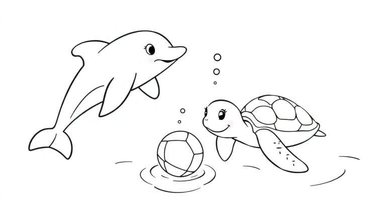 Placa de color de un delfín y una tortuga jugando con una pelota en el agua.