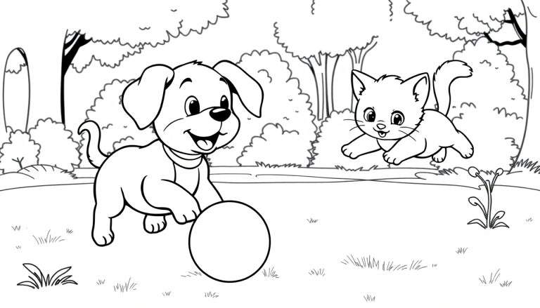 Placa de color de un perro y un gato jugando.