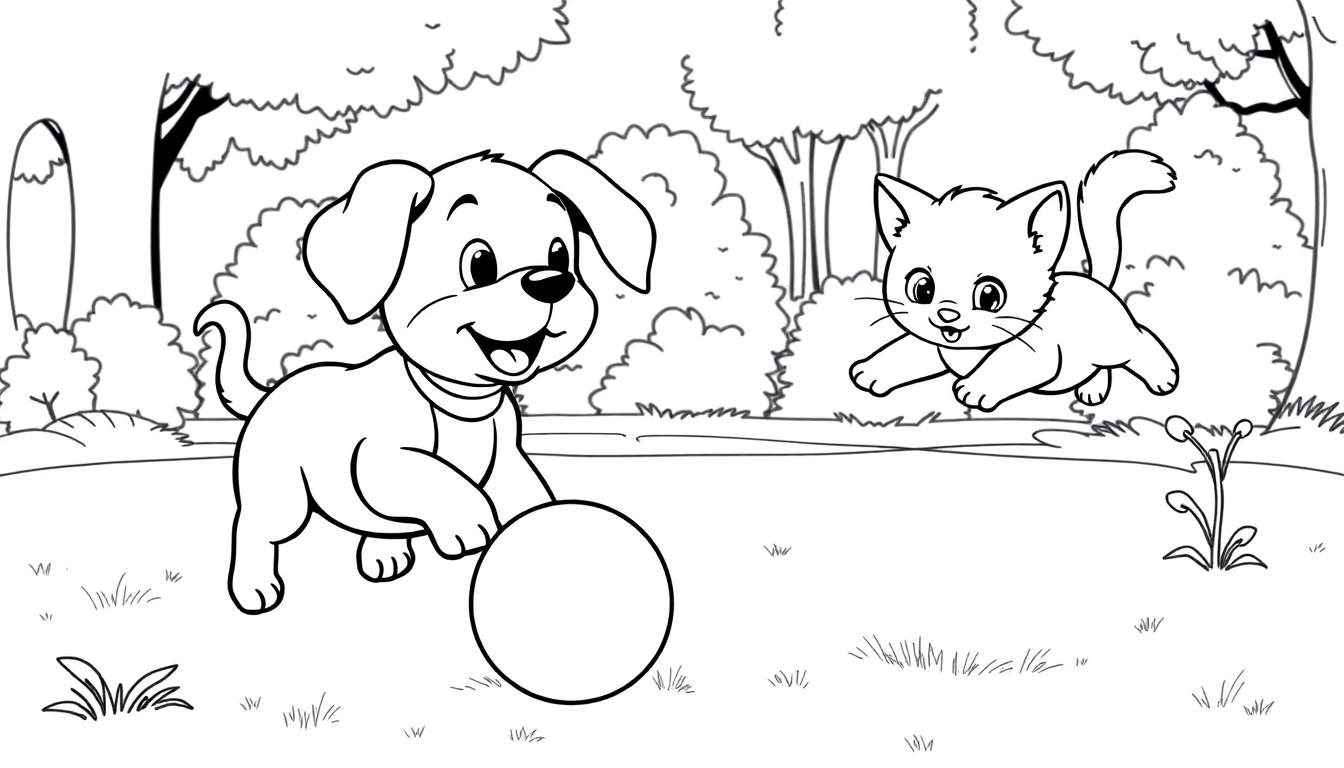 Placa de color de un perro y un gato jugando.