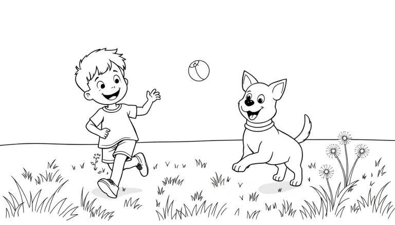 Una placa de color de un niño corriendo y un perro saltando en un campo.