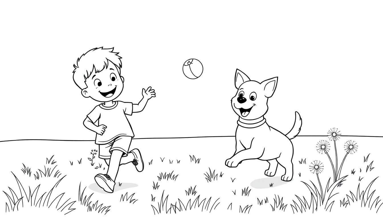 Una placa de color de un niño corriendo y un perro saltando en un campo.