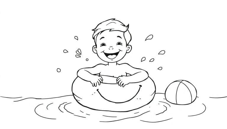 Placa de color de un niño sonriente flotando en el agua.