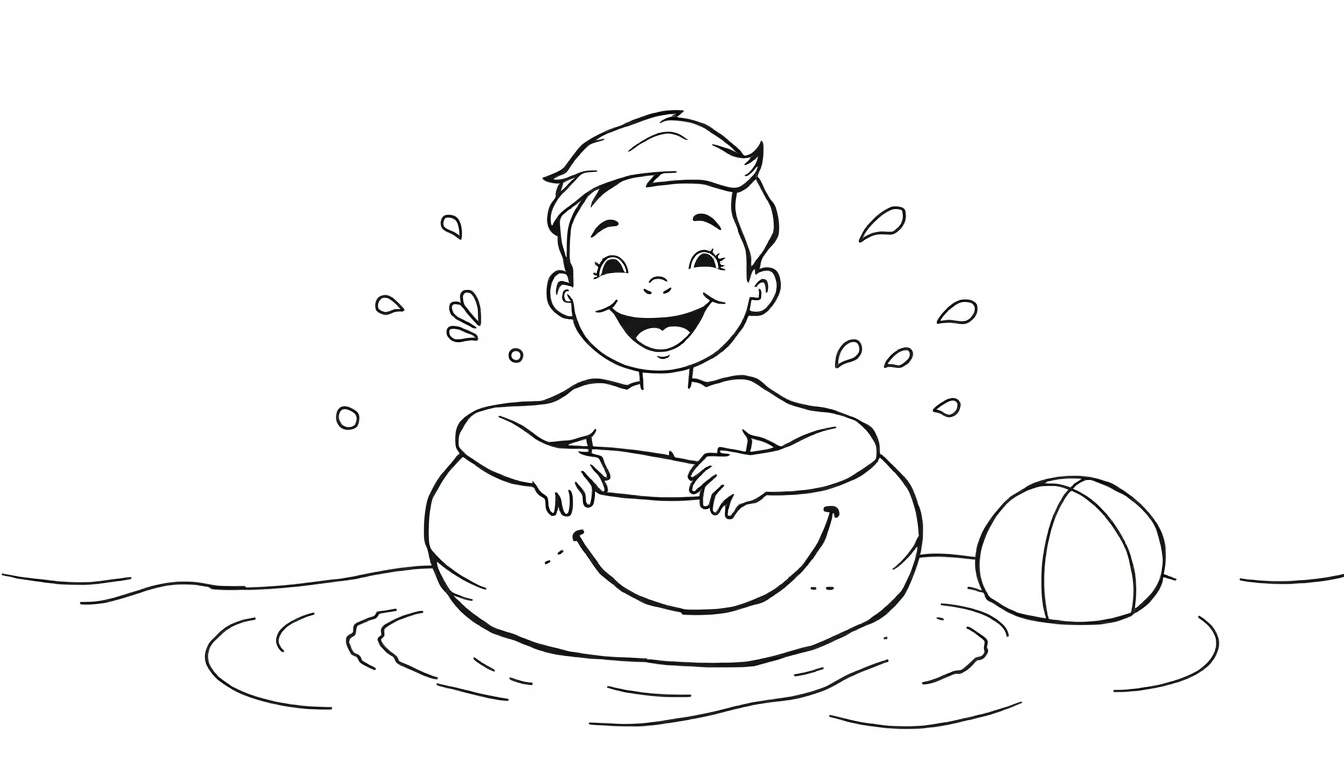 Placa de color de un niño sonriente flotando en el agua.