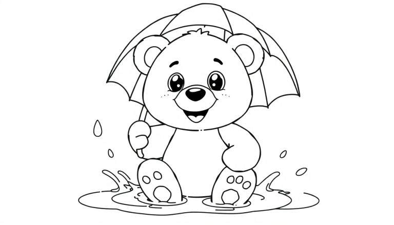 Placa de color: Oso de peluche sonriente bajo la lluvia con paraguas.