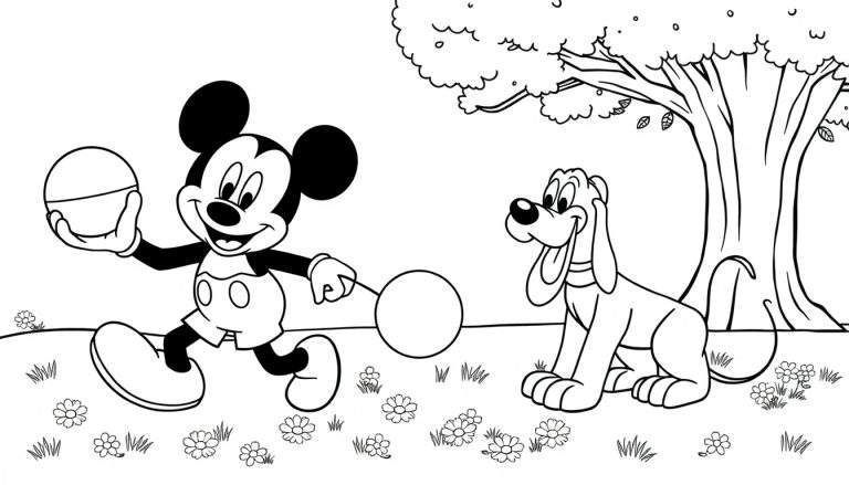 Mickey Mouse y Pluto jugando con pelotas en un parque, listo para colorear en esta placa de color.
