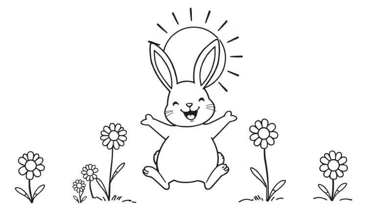 Placa de color: Un conejito feliz en un campo de flores, bajo un sol brillante.
