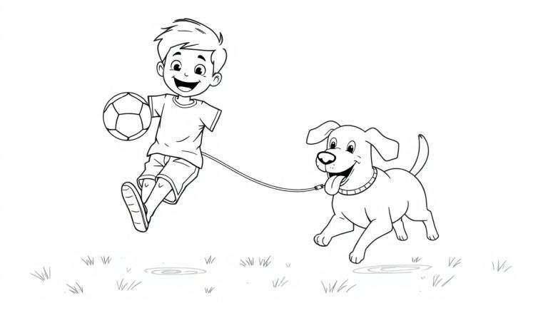 Placa de color de un niño y un perro jugando al fútbol.