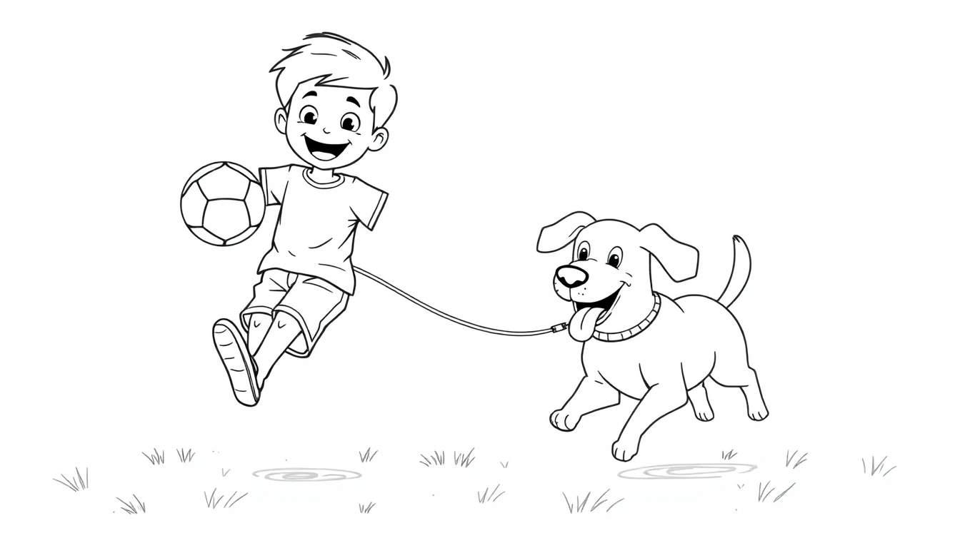 Placa de color de un niño y un perro jugando al fútbol.