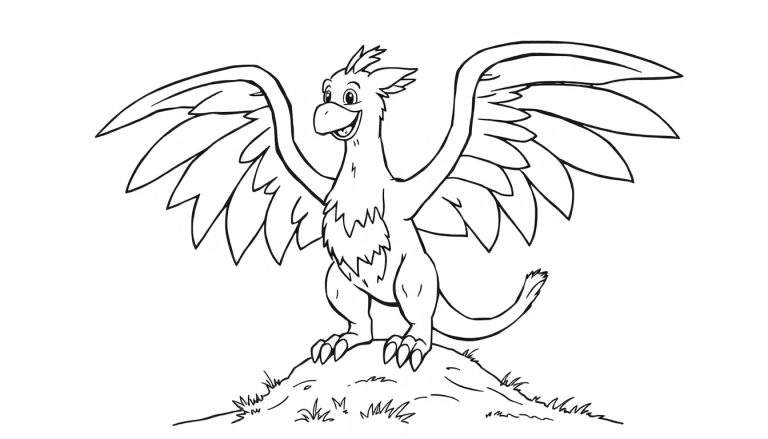 Dragón de dibujos animados amigable con alas abiertas en una colina, listo para colorear.
