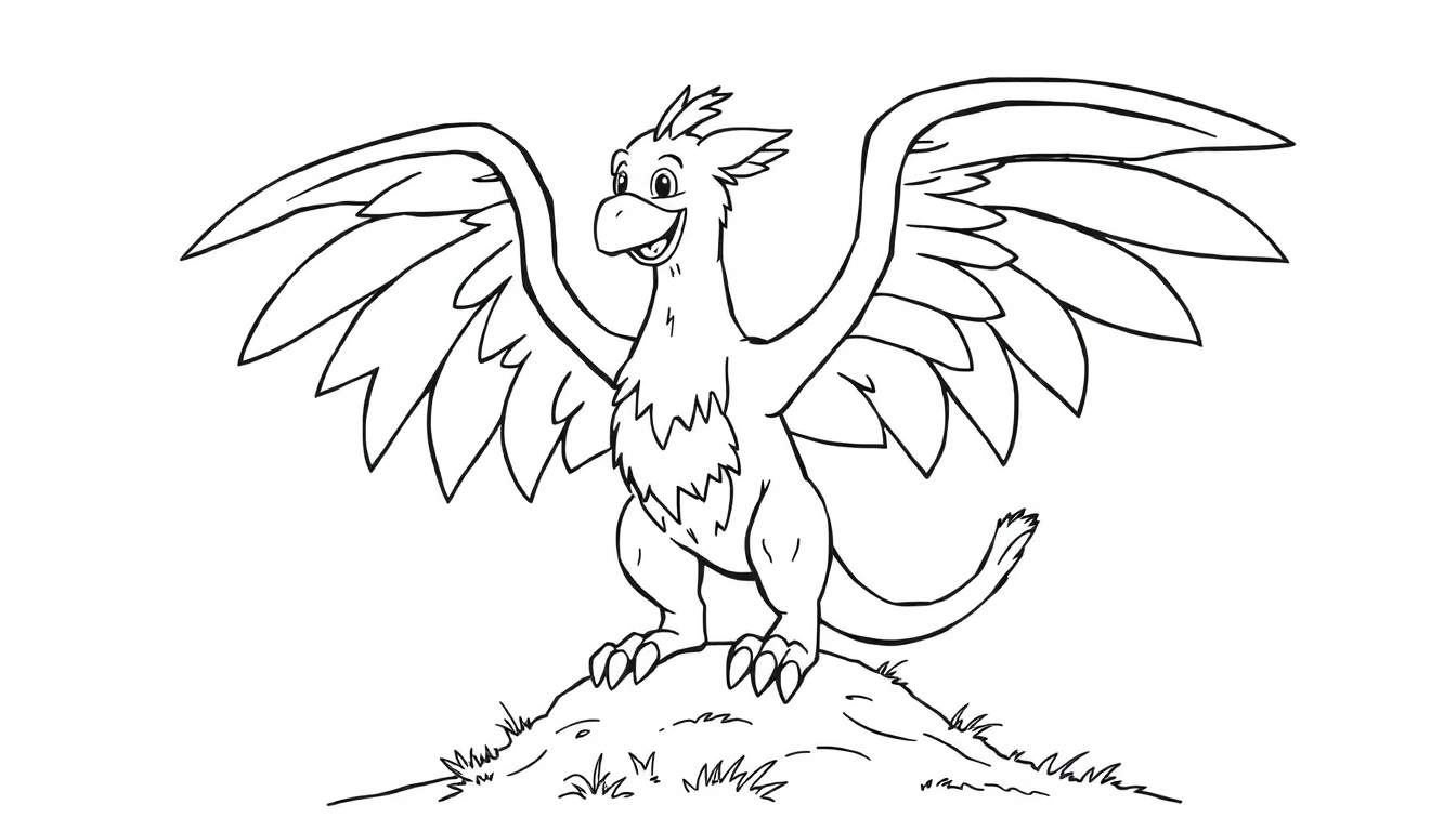 Dragón de dibujos animados amigable con alas abiertas en una colina, listo para colorear.