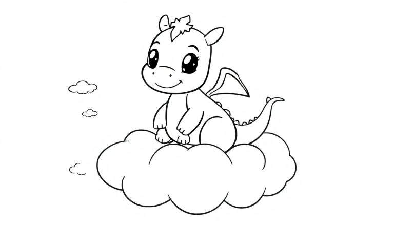 Placa de color de un dragón de dibujos animados sentado en una nube.
