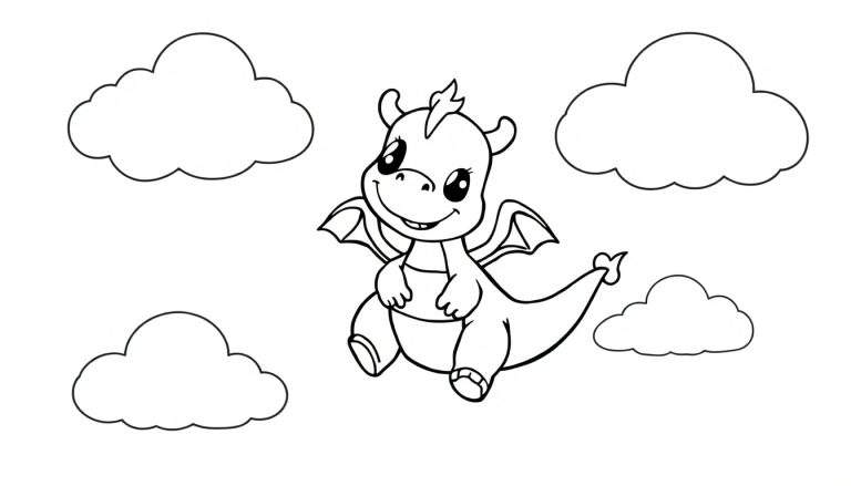 Placa de color de un dragón de dibujos animados volando entre nubes.