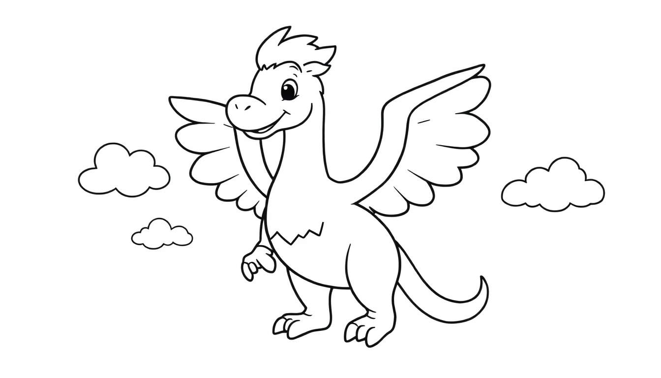 Placa de color de un dragón caricaturesco con alas.