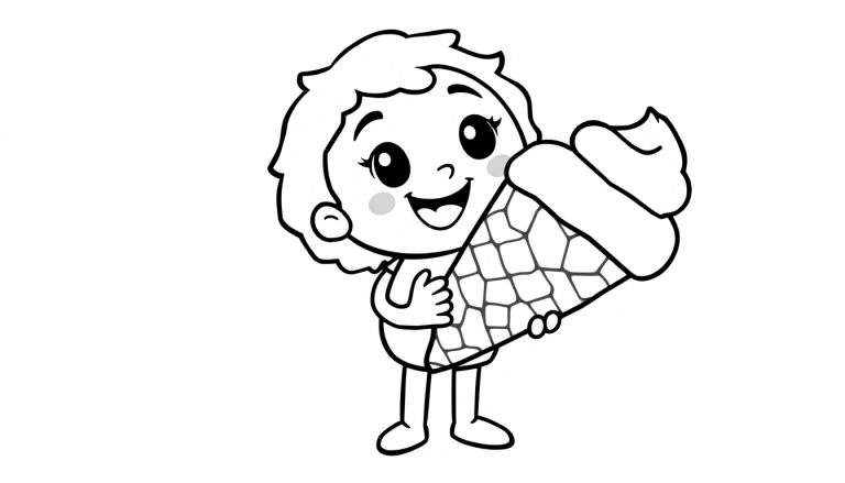 Placa de color de una niña de Toca Boca con un helado gigante, delineado en negro.