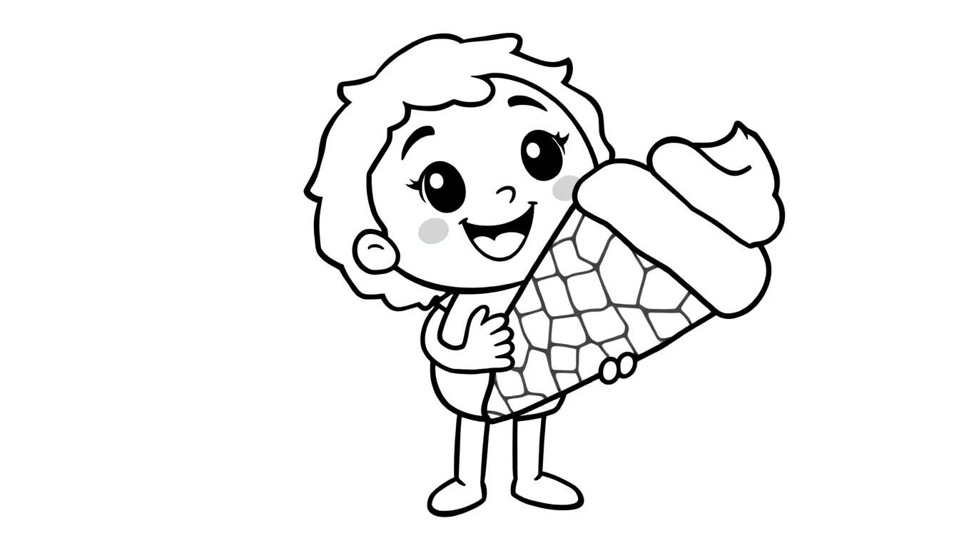 Placa de color de una niña de Toca Boca con un helado gigante, delineado en negro.