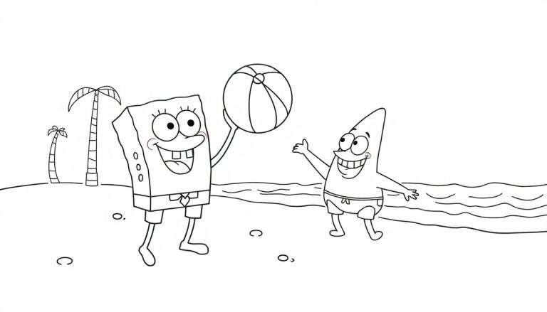 Placa de color de Bob Esponja y Patricio jugando en la playa.