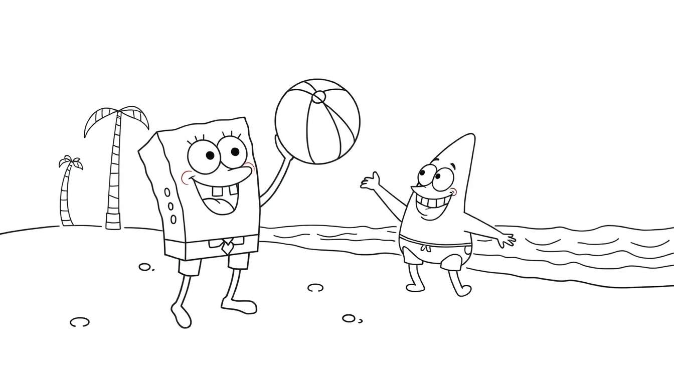 Placa de color de Bob Esponja y Patricio jugando en la playa.