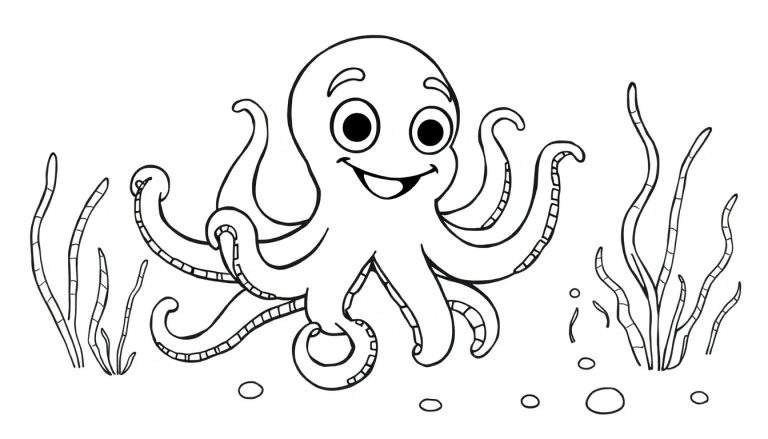 Un pulpo de dibujos animados sonriente listo para colorear en una placa de color.