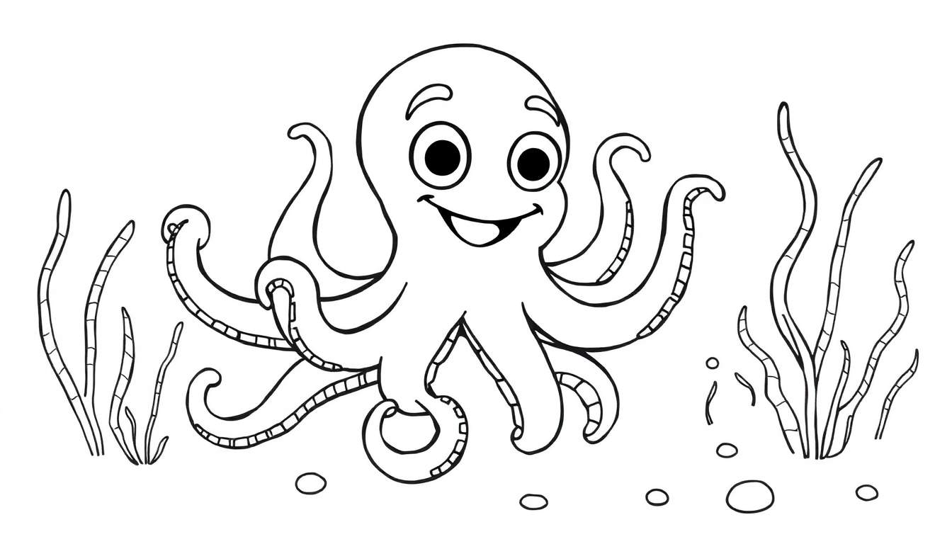 Un pulpo de dibujos animados sonriente listo para colorear en una placa de color.