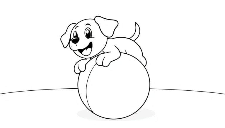Un dibujo en blanco y negro de un cachorro alegre sentado encima de una pelota grande, listo para colorear en una placa de color.