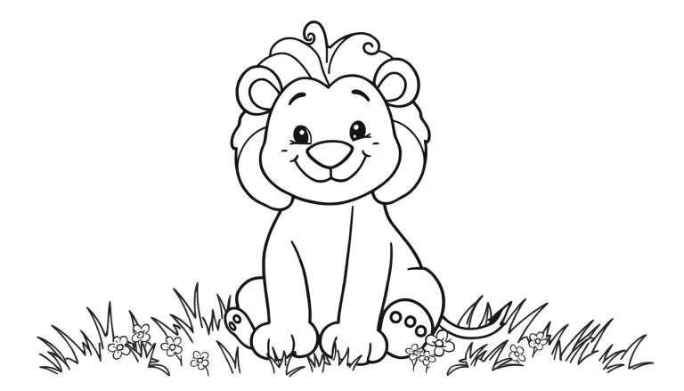 Placa de color: Cachorro de león amigable sentado en hierba y flores, listo para ser coloreado.