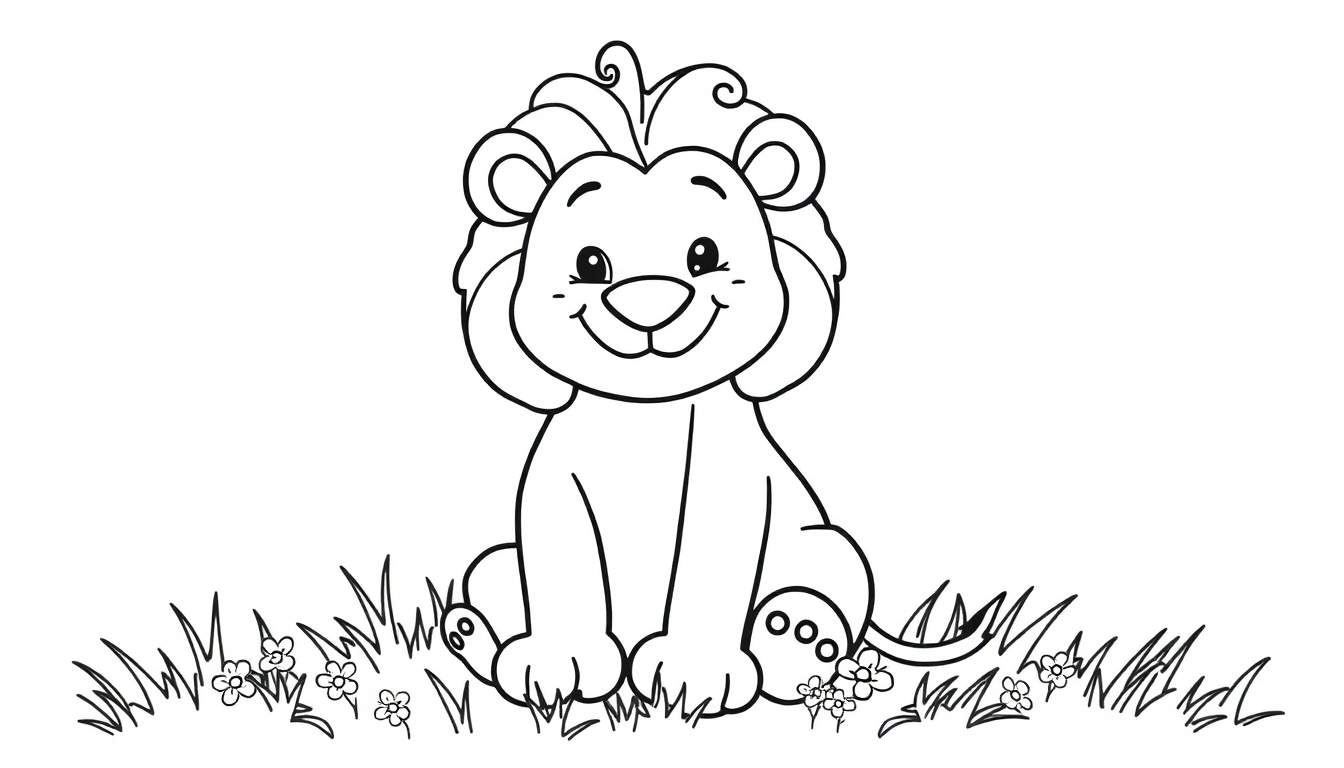 Placa de color: Cachorro de león amigable sentado en hierba y flores, listo para ser coloreado.