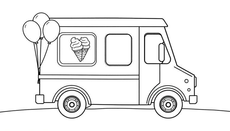 Placa de color: un camión de helados sencillo con globos.