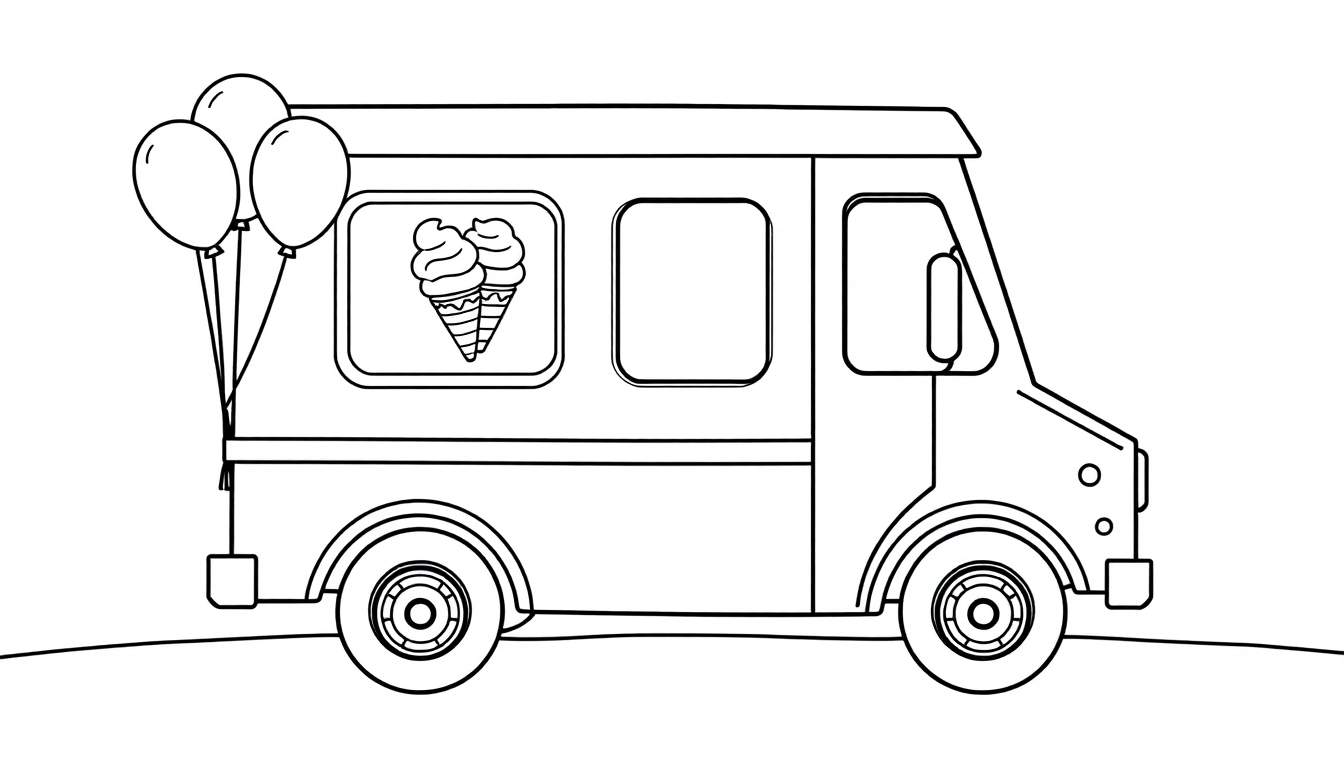Placa de color: un camión de helados sencillo con globos.