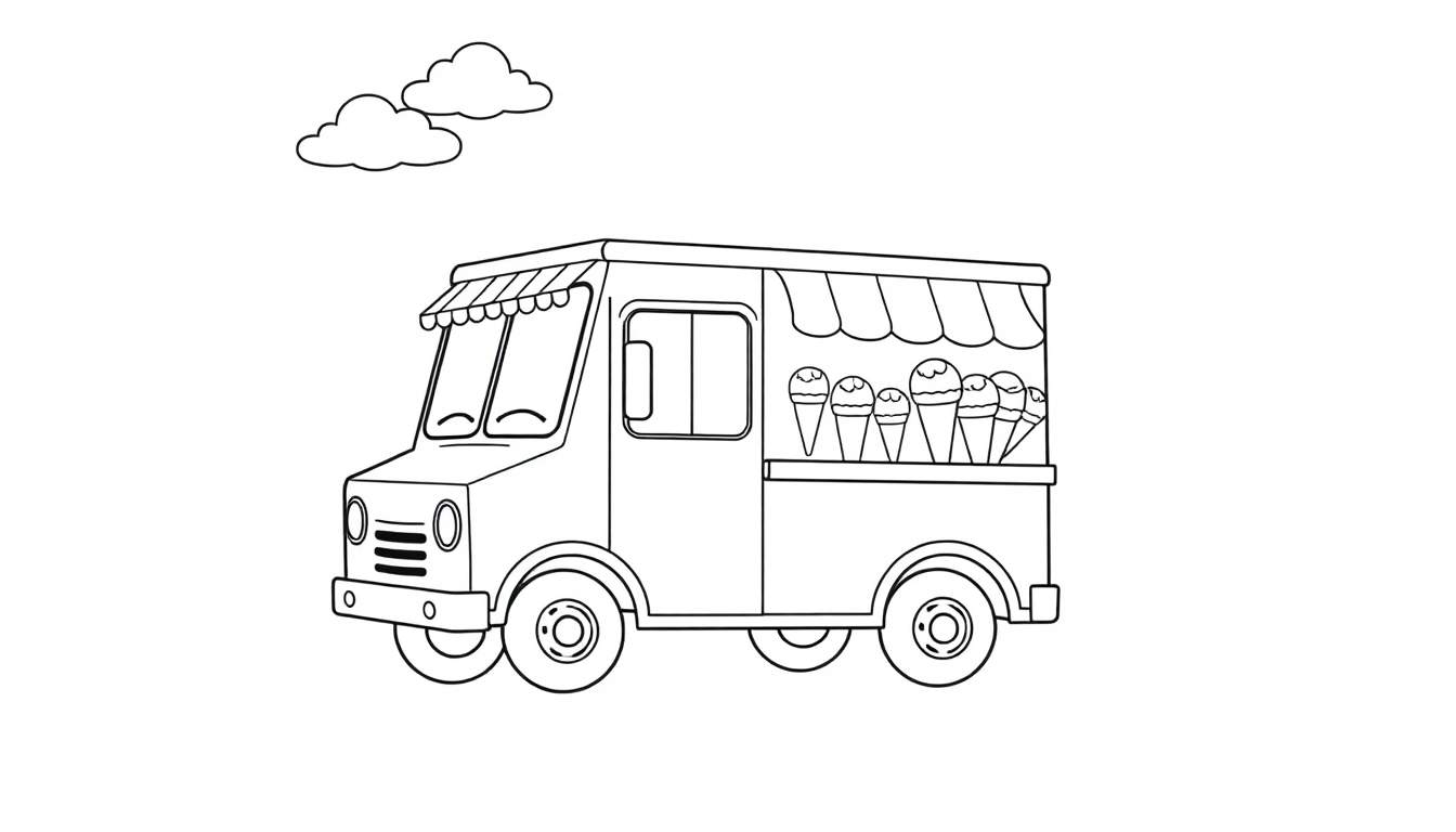 Un camión de helados listo para colorear en una placa de color, con nubes y conos de helado.