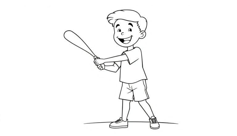 Placa de color: niño sonriente con bate de béisbol listo para batear.