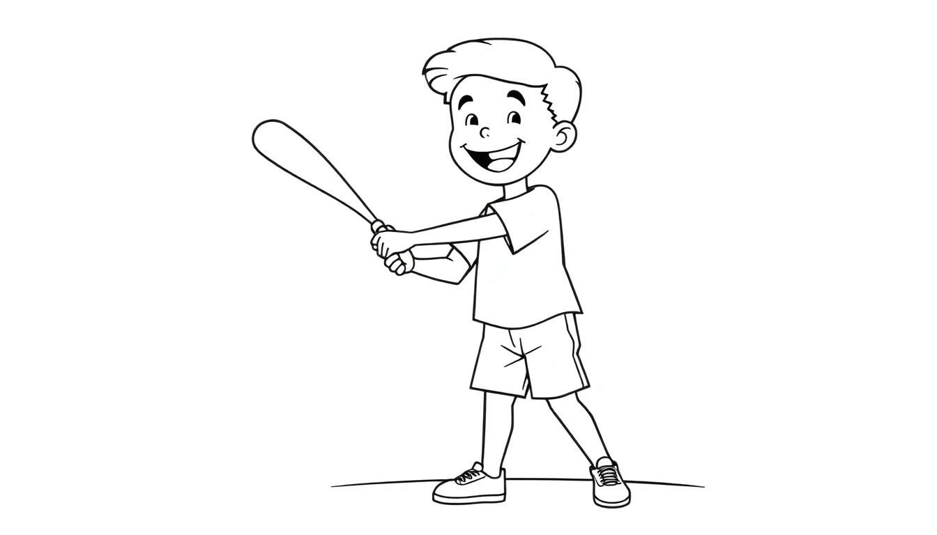 Placa de color: niño sonriente con bate de béisbol listo para batear.