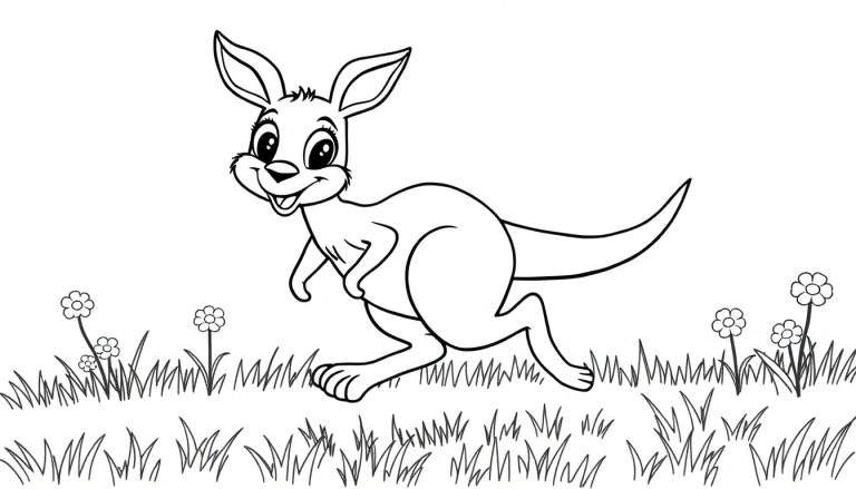 Placa de color de un canguro amigable dibujado en blanco y negro, saltando en un campo de hierba.