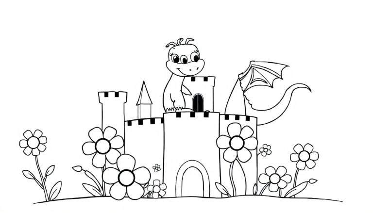 Una placa de color de un castillo de ensueño con un dragón sonriente.
