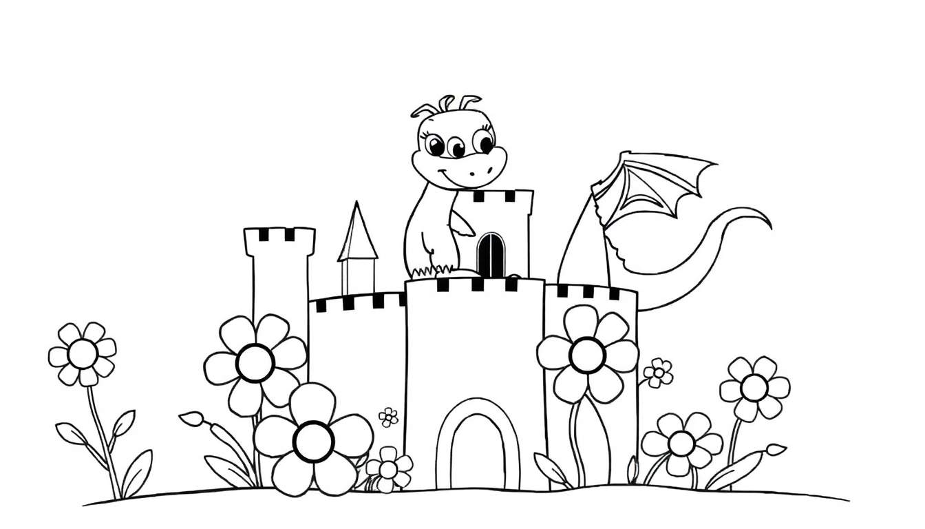Una placa de color de un castillo de ensueño con un dragón sonriente.
