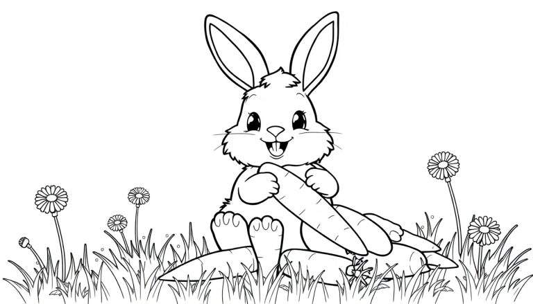 Placa de color de un conejito adorable con orejas largas, sosteniendo una zanahoria entre muchas zanahorias en un campo de hierba y flores.