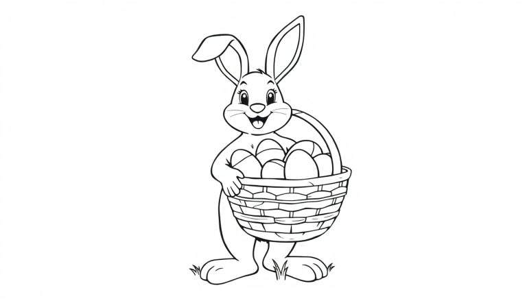 Placa de color de un conejito de Pascua sonriente con una cesta de huevos de Pascua.