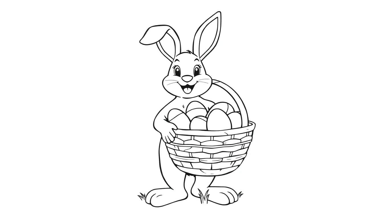 Placa de color de un conejito de Pascua sonriente con una cesta de huevos de Pascua.