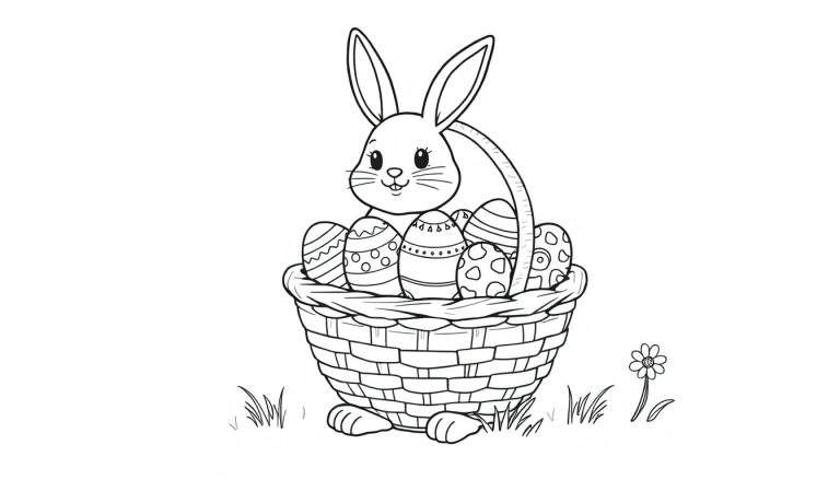 Placa de color de un conejito de Pascua en una cesta de huevos decorados.