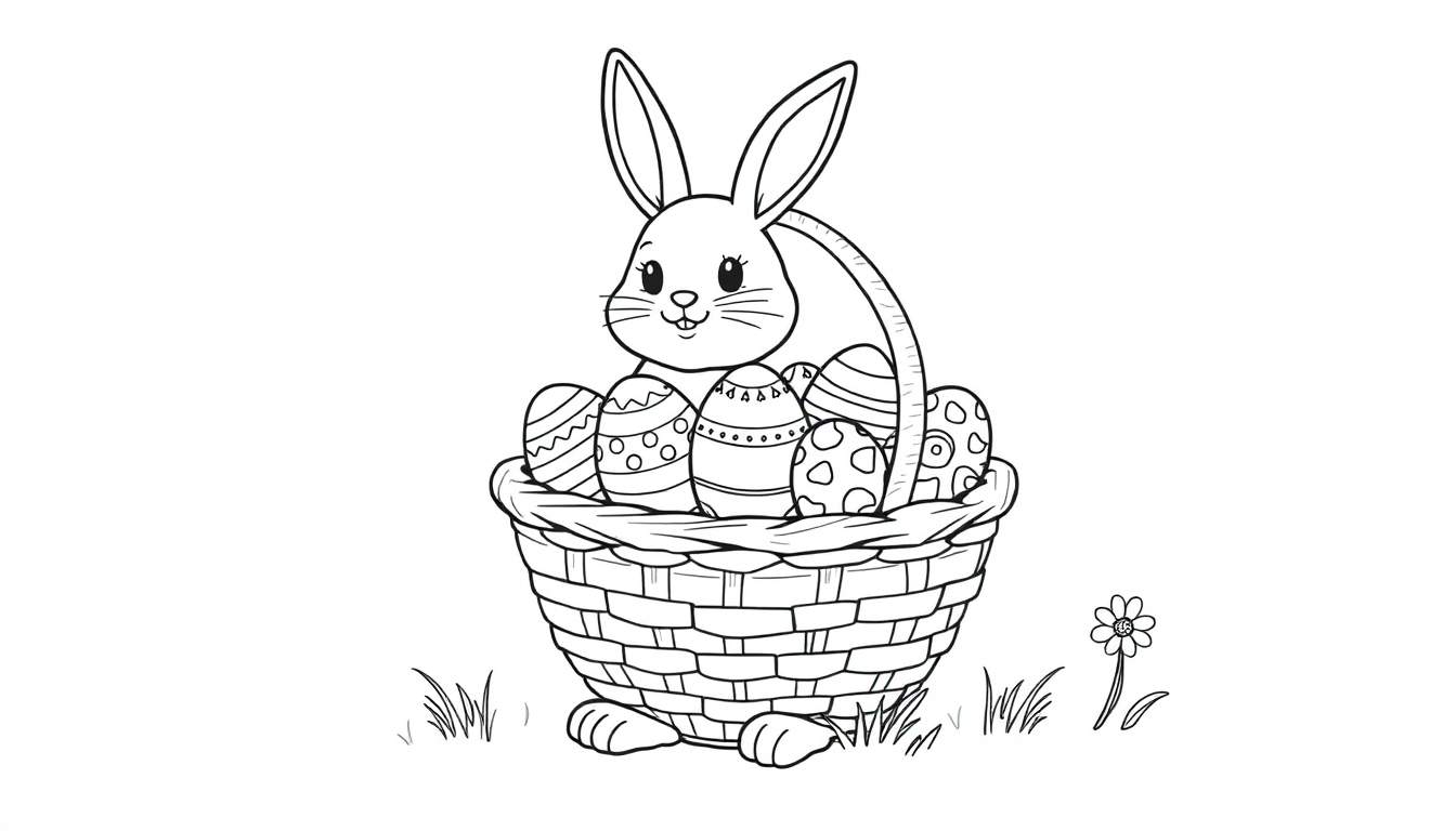 Placa de color de un conejito de Pascua en una cesta de huevos decorados.