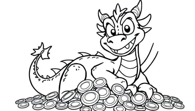 Placa de color de un dragón sonriente sentado sobre monedas.