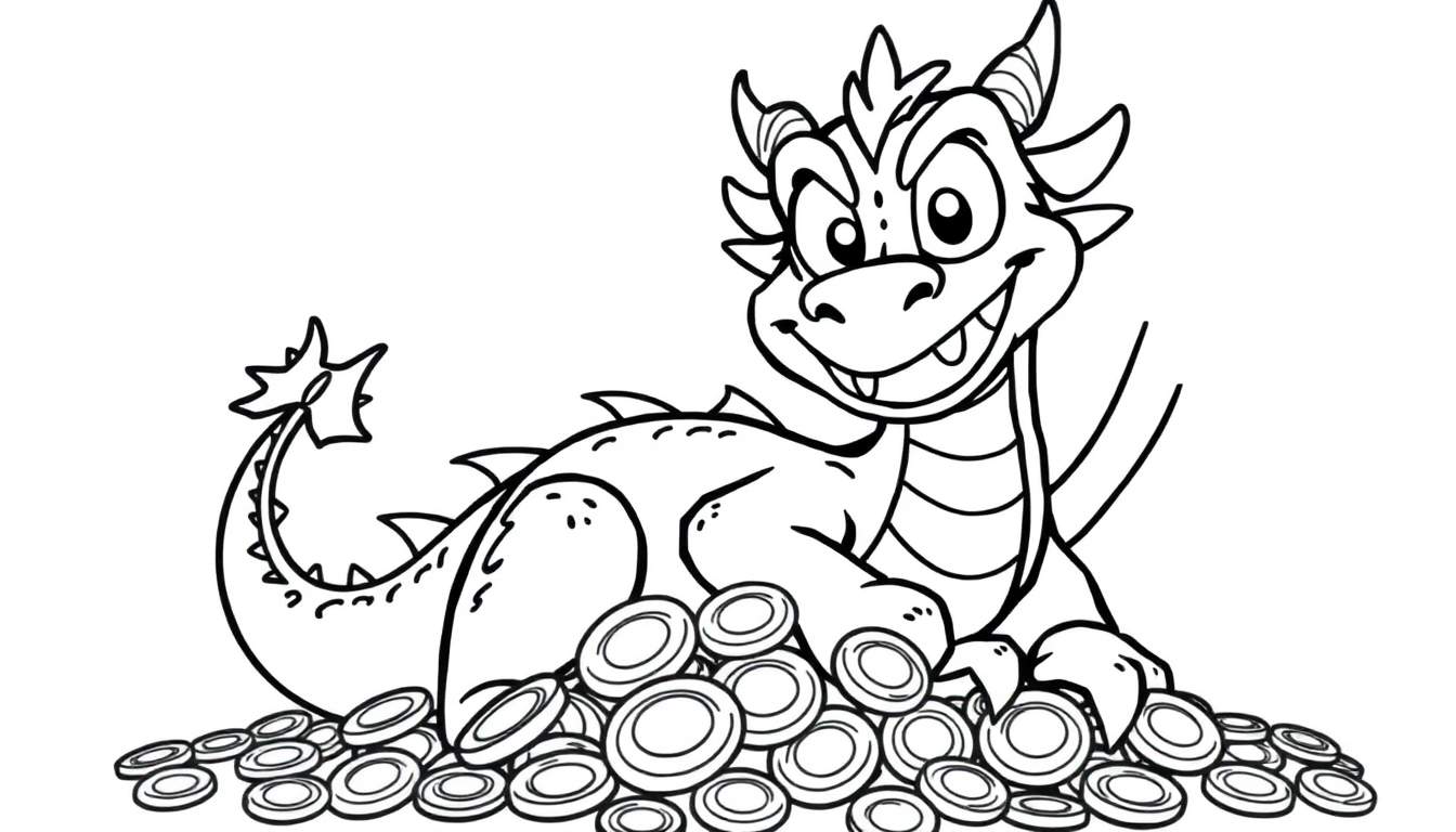 Placa de color de un dragón sonriente sentado sobre monedas.
