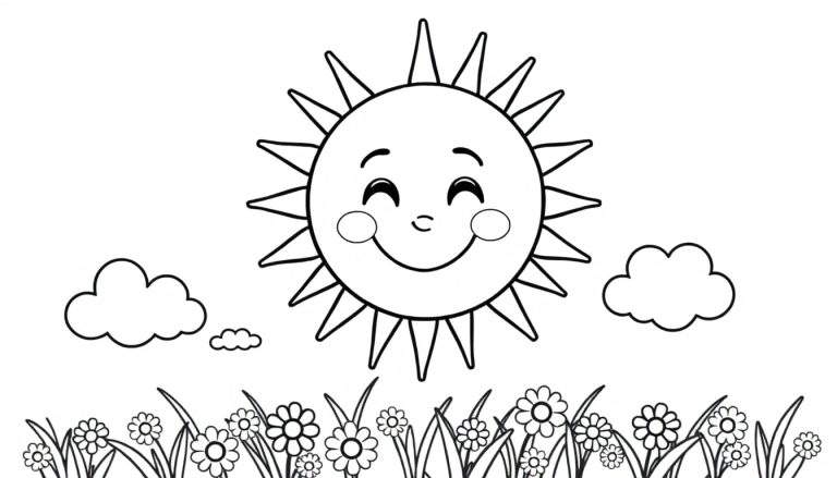 Placa de color: Un sol sonriente con nubes y flores.