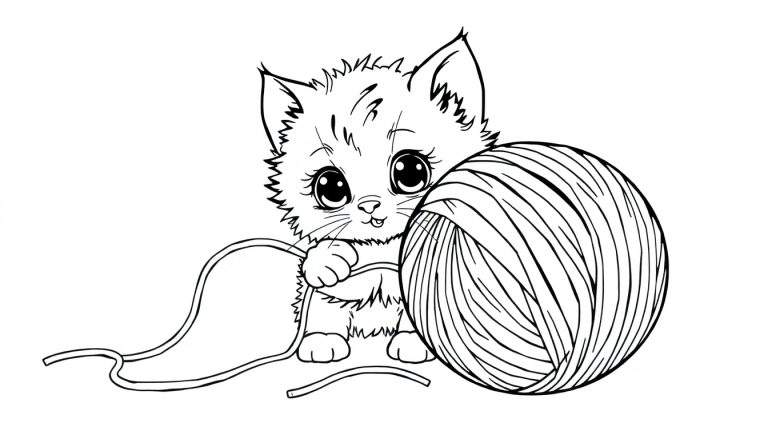 Placa de color de un gatito dibujado a mano jugando con un ovillo de lana.