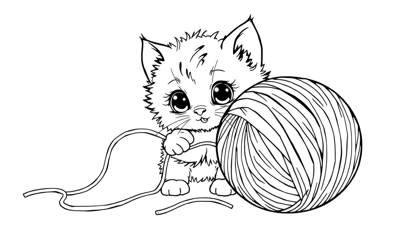 Placa de color de un gatito dibujado a mano jugando con un ovillo de lana.
