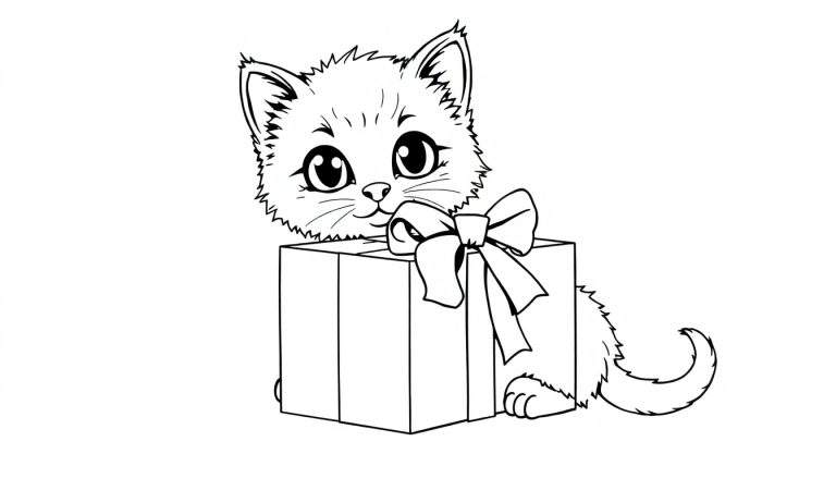Placa de color: Un lindo gatito curioso mirando desde una caja de regalo.